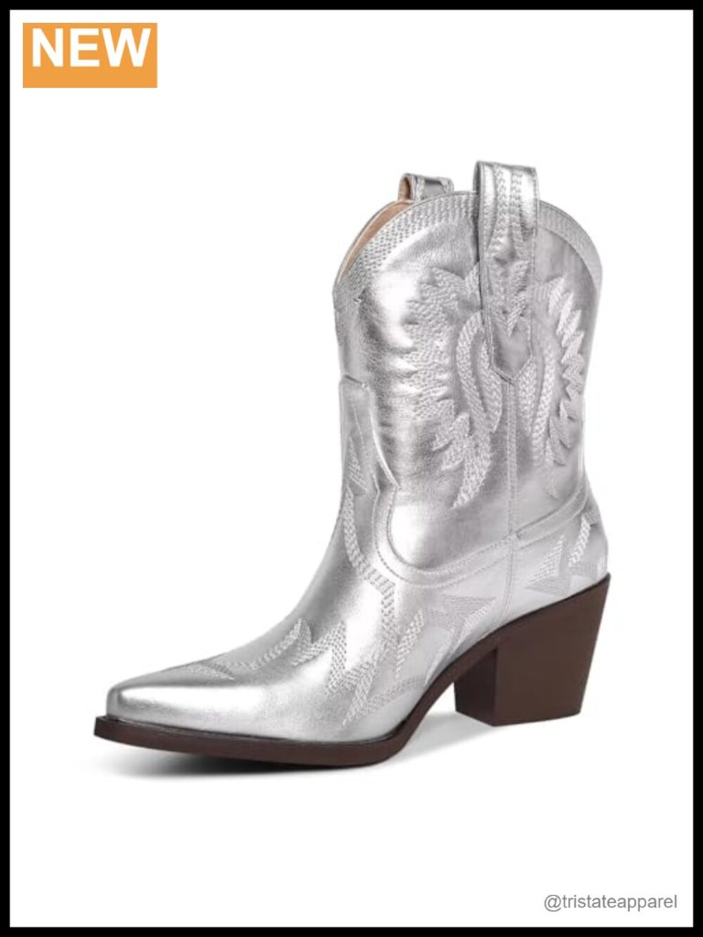 Western Ankle Cowboy Boots Chunky Pointed Toe Wide Calf Embroidered Metallic PU